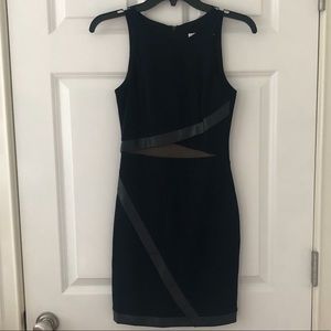 Bailey 44 navy dress w/ blk leather & illusion